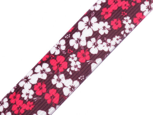 Gummiband, Blumen weiß pink , Breite 27 mm, bedruckt, lila