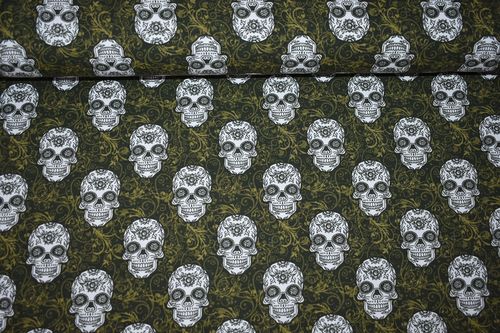 Totenkopf Skulls French Terry, Ornamente ,Blumen, Khaki