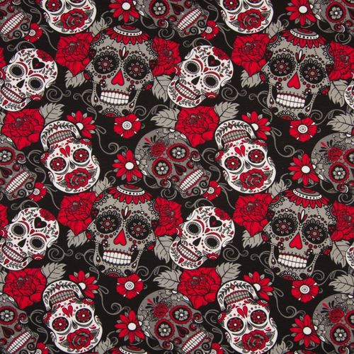 Jersey Baumwolle Mexikanische Totenkopf Schwarz Rot Weiß
