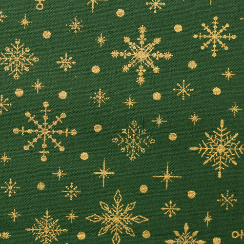 Baumwolle Webware Neuss Schneeflocken Weihnachten Eiskristalle Punkte gold dunkelgrün